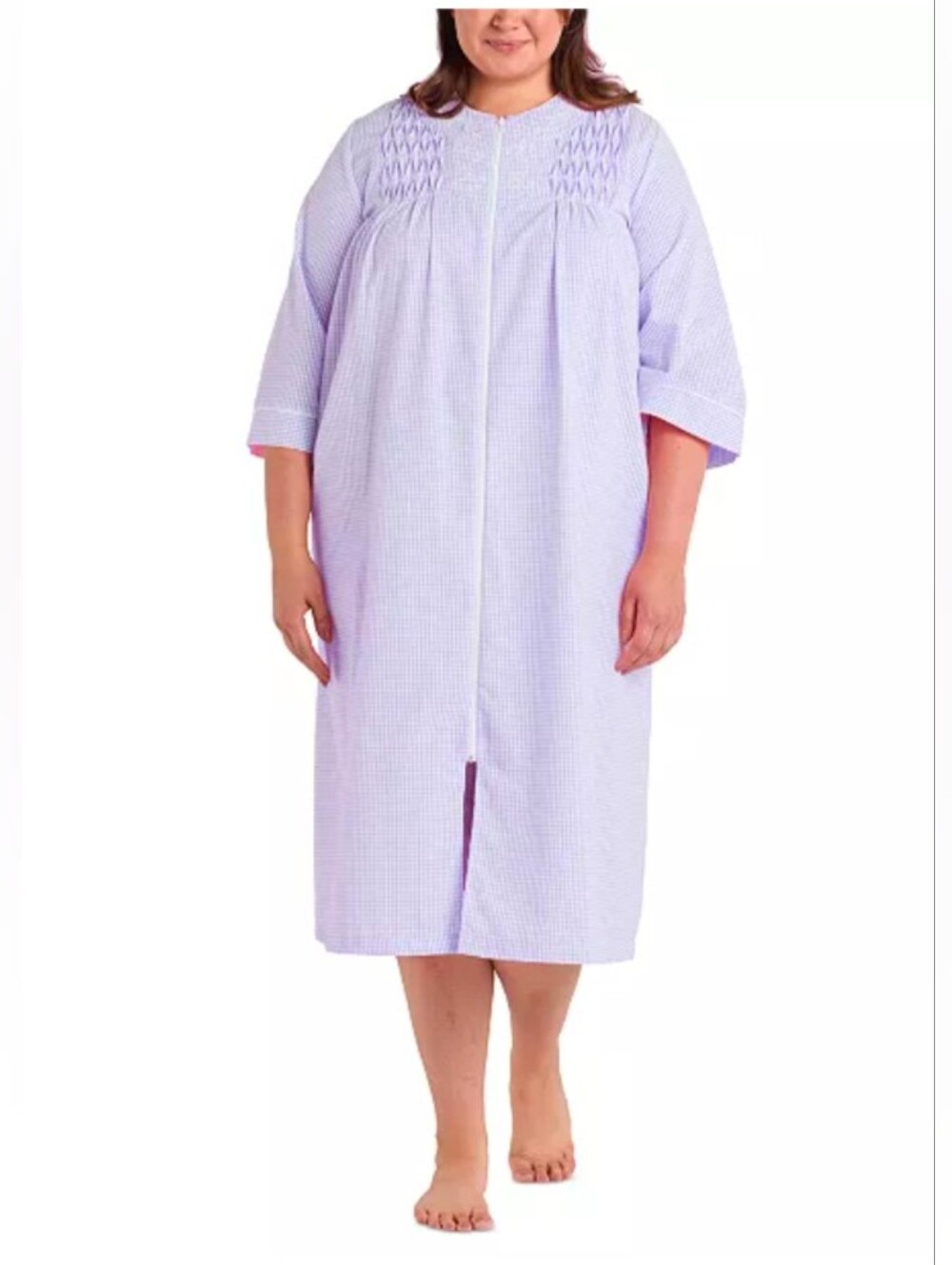 3/4-Sleeve Zip-Front Seersucker Robe